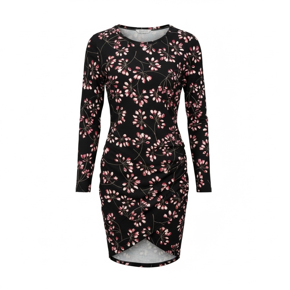 Grecerelle Black & Pink Floral Long-Sleeve Midi Dress, Size M